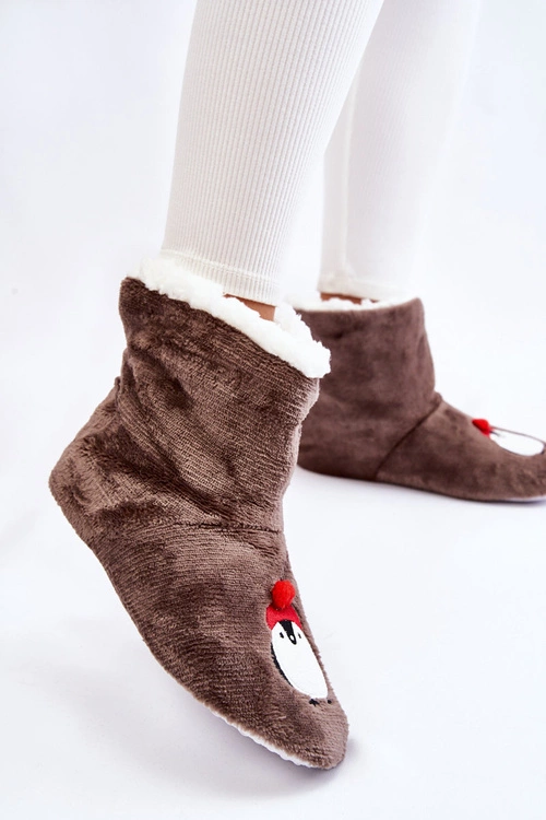 Damskie Wsuwane Ocieplane Papcie Z Pingwinami Ciemnoszare