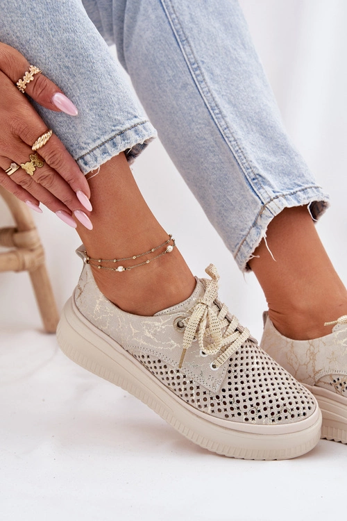 Zamszowe Ażurowe Półbuty Damskie Na Platformie Artiker 56C2108 Beżowo-Złote