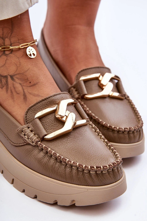 Zazoo 10141 Skórzane Mokasyny Na Platformie Z Ozdobą Ciemnobeżowe