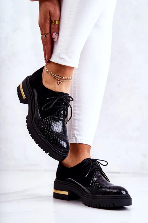 Damskie Skórzane Półbuty Wiązane Czarne Merevin