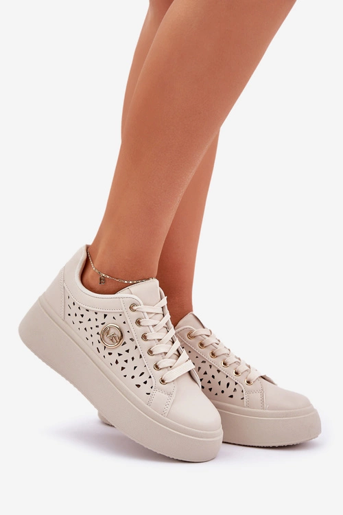 Ażurowe Sneakersy Ze Złotym Detalem Beżowe Cassildi