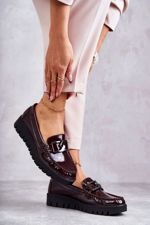 Lakierowane Półbuty Loafery Na Platformie Bordowe Kjersti