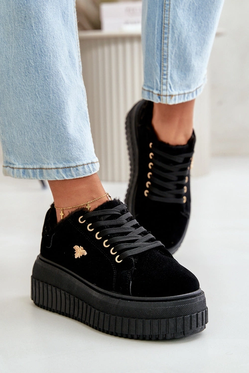 Sneakersy Damskie Ocieplane Na Masywnej Podeszwie Ze Złotym Detalem Czarne Lotira