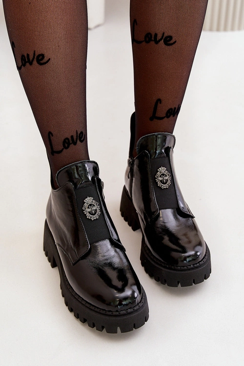 Zazoo 60451 Damskie Skórzane Botki Z Ozdobą Lakierowane Czarne