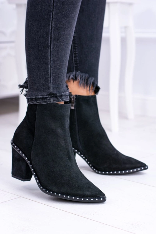 Botki Damskie Skórzane W Szpic Z Suwakiem Czarne Sonoma