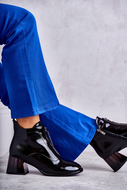 Damskie Lakierowane Botki Z Suwakami Czarne Cristel