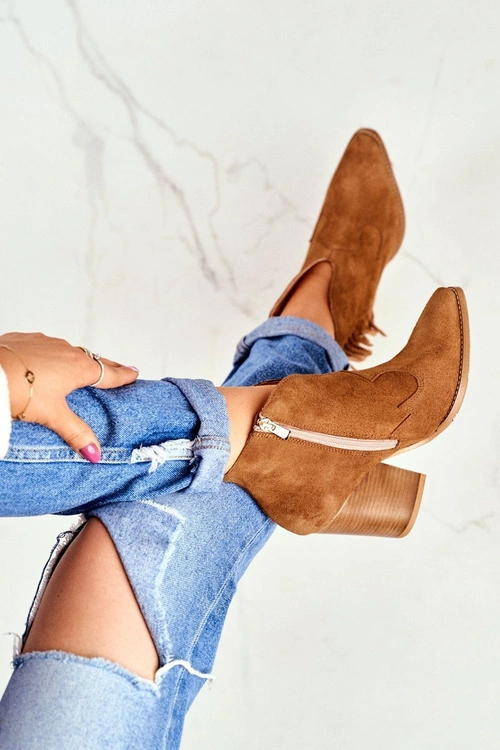 Botki Damskie Skórzane na Obcasie Laura Messi Camel 2133