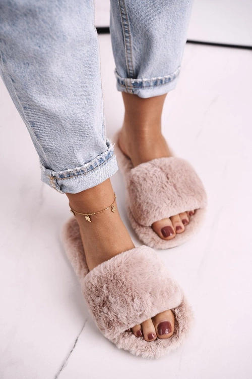 Damskie Klapki Papcie Futrzane Jasny Brąz Cold Days