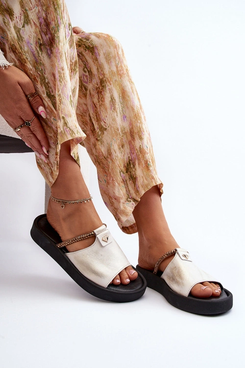 Zazoo 2896 Klapki Damskie Skórzane Biało-Złote