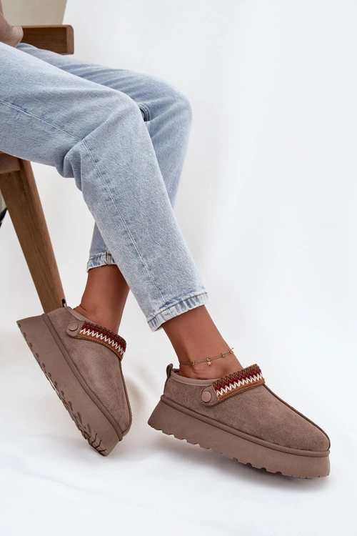 Śniegowce Damskie Niskie Z Ruchomym Paskiem I Haftem Na Platformie Ciemnobeżowe Lyrisse