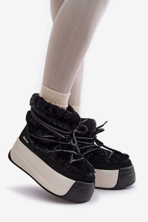 Skórzane Śniegowce Damskie Na Grubej Podeszwie Z Futerkiem Big Star OO274A206 Czarne