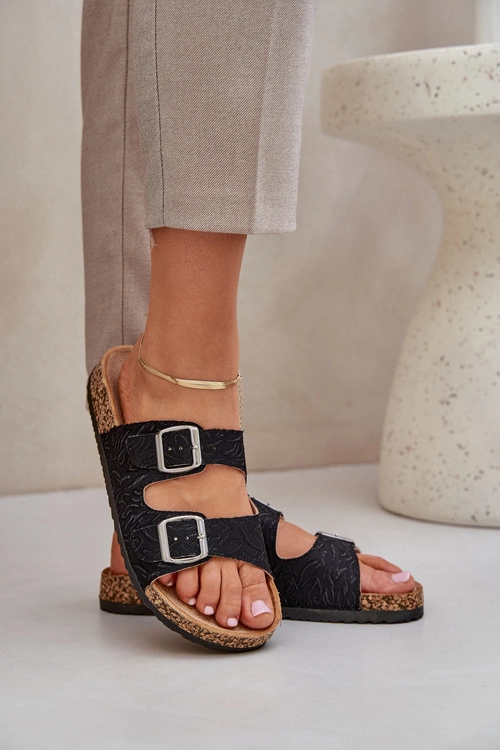 Materiałowe Klapki Na Korkowej Podeszwie Z Klamrami Czarne Atera