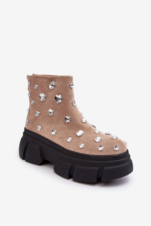 Zamszowe Ocieplane Botki Z Kryształkami D&A MR870-83 Beżowe