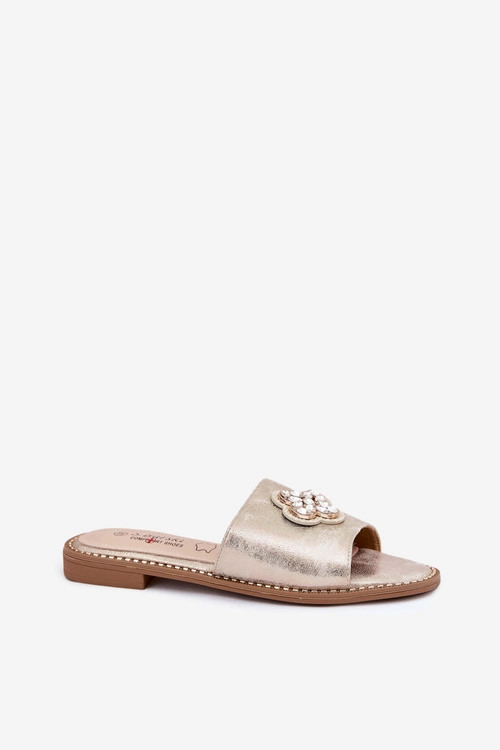 Klapki Damskie Na Płaskim Obcasie Z Ozdobnym Detalem S.Barski KV51-087 Złote