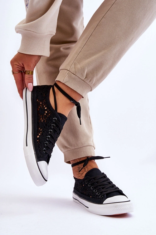 Damskie Koronkowe Materiałowe Trampki Czarne Fergo