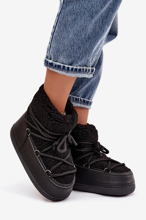 Śniegowce Damskie Z Futerkiem Typu Baranek Wiązane Czarne Belira