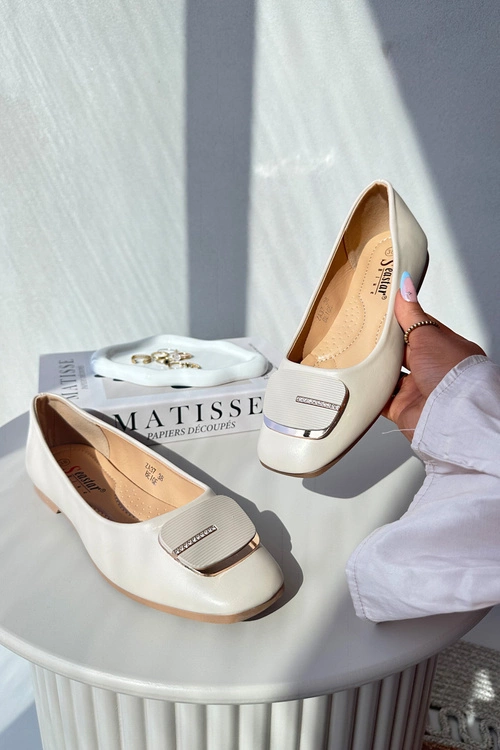 Baleriny Damskie Eko Skórzane Z Ozdobą Beżowe Edoslli