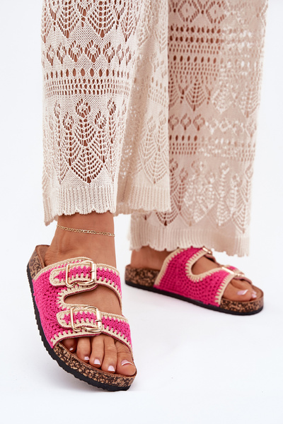 Szydełkowe Klapki Damskie Ze Złotymi Klamrami Fuksja Fenira