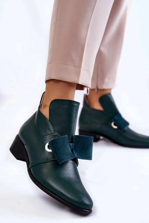 Skórzane Półbuty Z Zamszową Kokardką Zielone Thalia