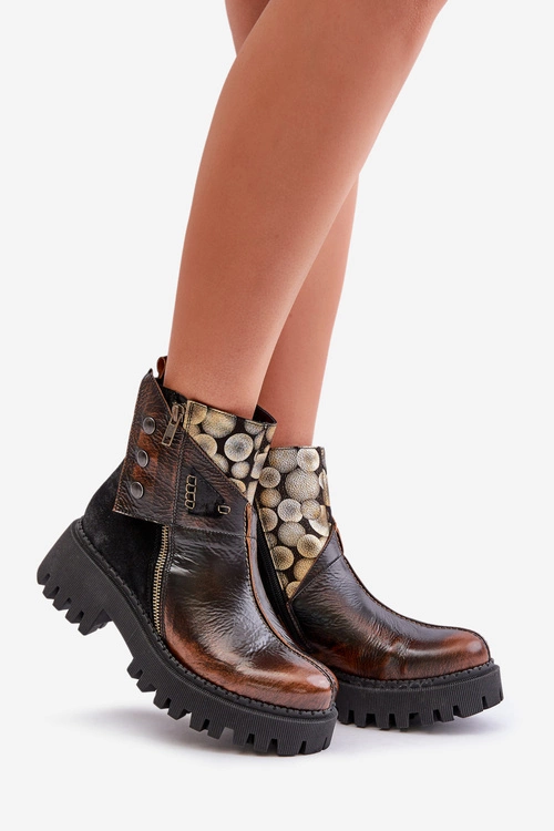 Skórzane Ocieplane Botki Na Platformie I Płaskim Obcasie Maciejka 06140-25 Złoto-Czarne