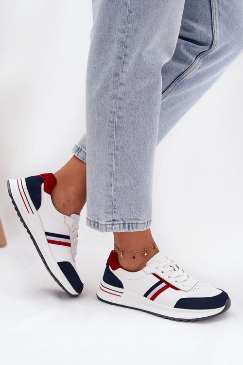 Buty Sportowe Skórzane Damskie Biało-Granatowe Lorvessa