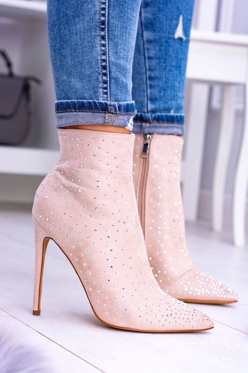 Lu Boo Beżowe Wysokie Zamszowe Botki na Szpilce Cyrkonie Cubano