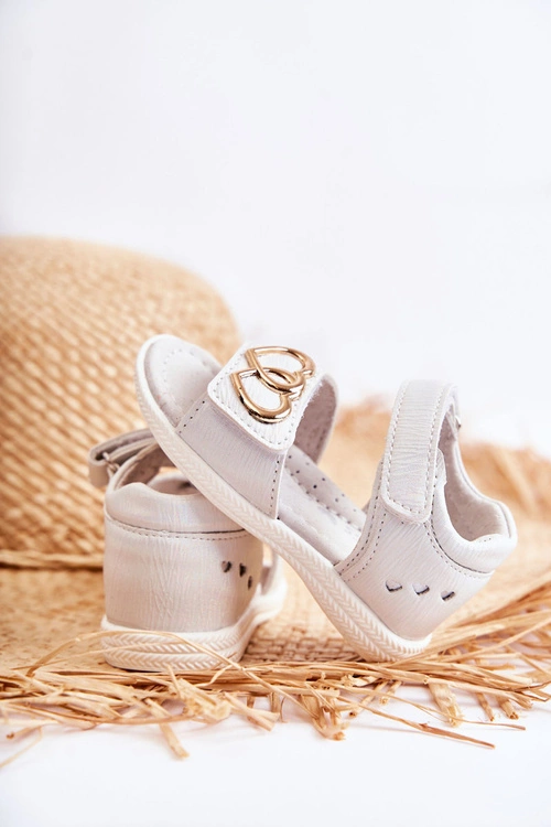 Skórzane Dziecięce Sandałki Na Rzepy Białe Catia