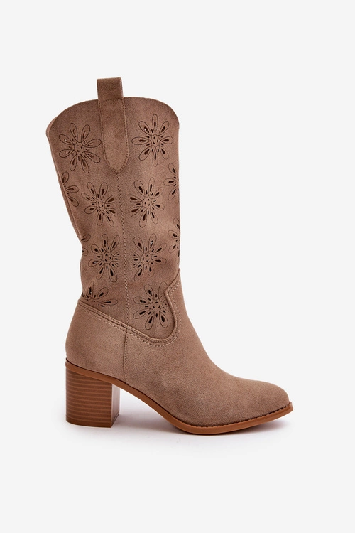 Damskie Ażurowe Kozaki Do Połowy Łydki Z Eko Zamszu Beżowe Nevilos