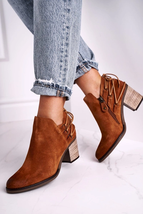 Botki Damskie Na Słupku Maciejka Skóra Rude 04812-29