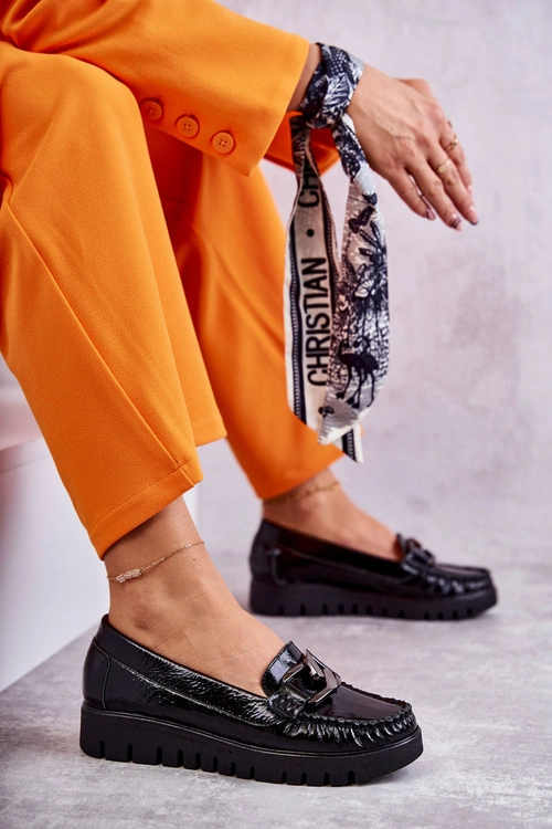 Damskie Skórzane Mokasyny Na Platformie Czarne Venesia