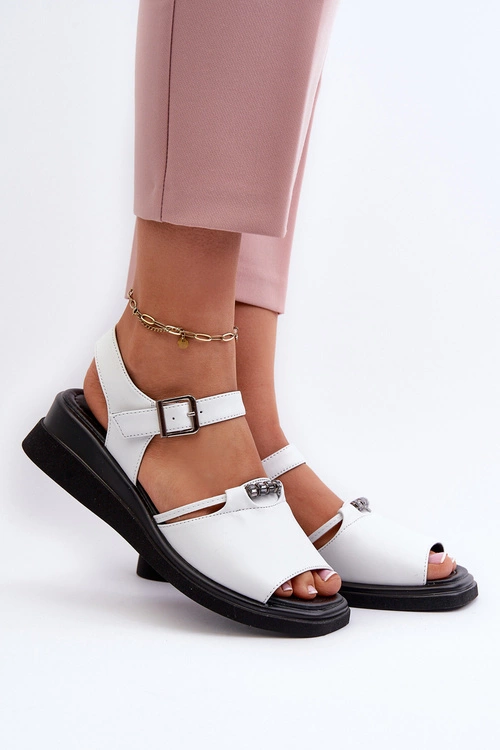 Skórzane Sandały Damskie Na Koturnie Vinceza 66624 Białe