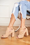 Damskie Botki Sandały Na Słupku Odkryte Palce Beżowe Grays