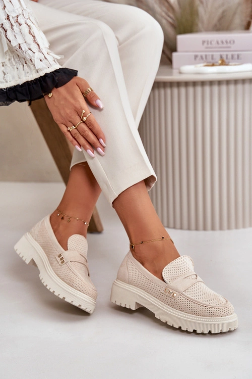 Damskie Ażurowe Półbuty Mokasyny Jasnobeżowe Tannes