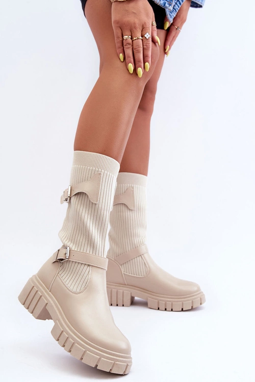 Damskie Kozaki Ze Skarpetą Beżowe Abroze