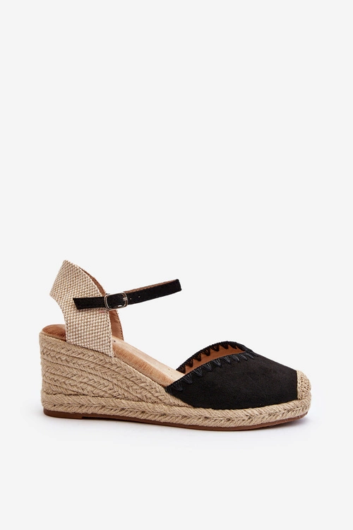 Zamszowe Sandały Espadryle Na Koturnie Z Plecionką Czarne Raylin