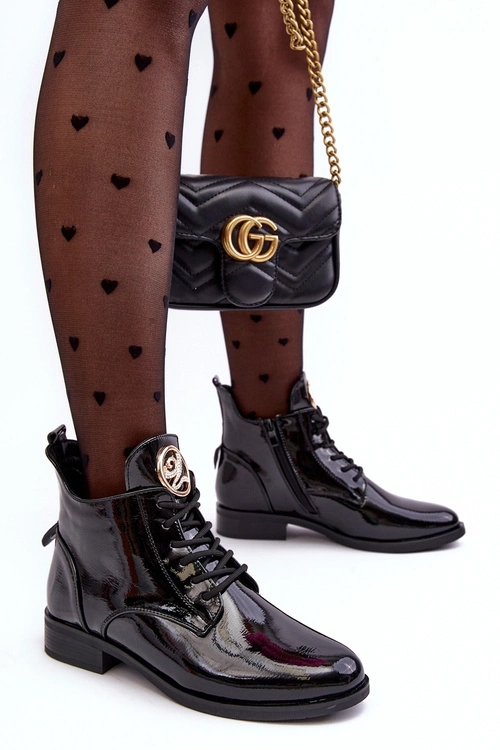 Lakierowane Półbuty Damskie Z Ozdobą Czarne Attiame