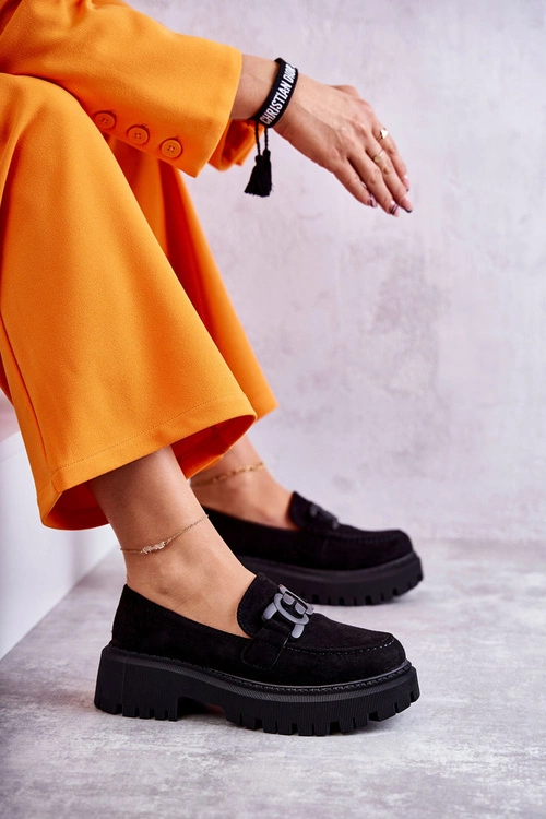 Damskie Półbuty Zamszowe Z Ozdobą Czarne Leeza