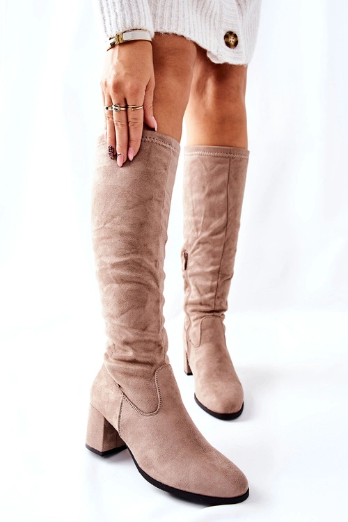 Kozaki Damskie Na Obcasie Zamszowe Beżowe Newferry