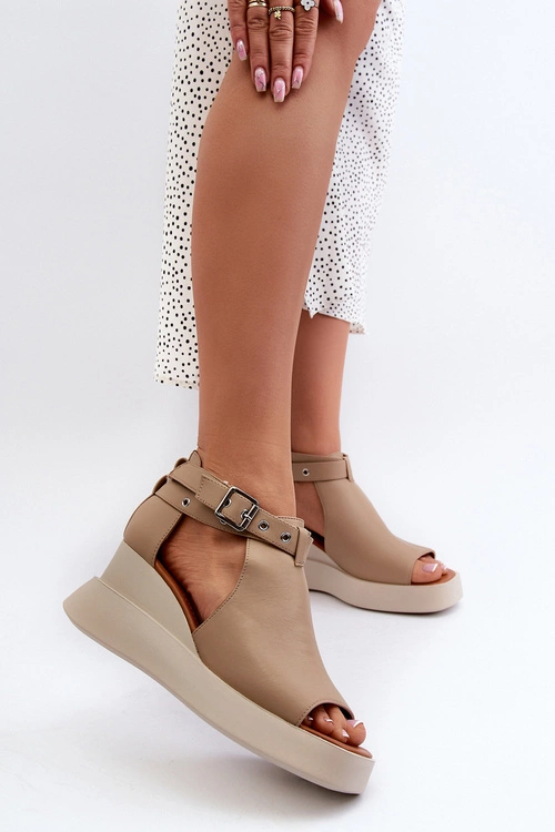 Sandały Damskie Na Platformie I Koturnie Z Eko Skóry Beżowe Hloeli