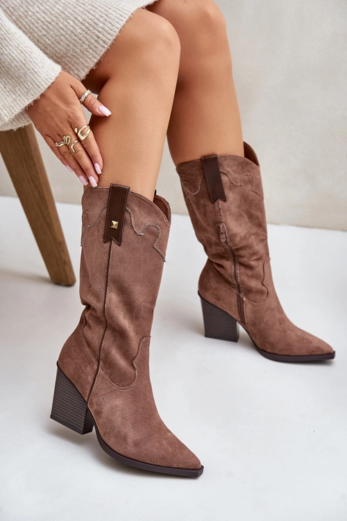 Ocieplane Kozaki Kowbojki Na Słupku Eko Zamszowe Brązowe Hanivin