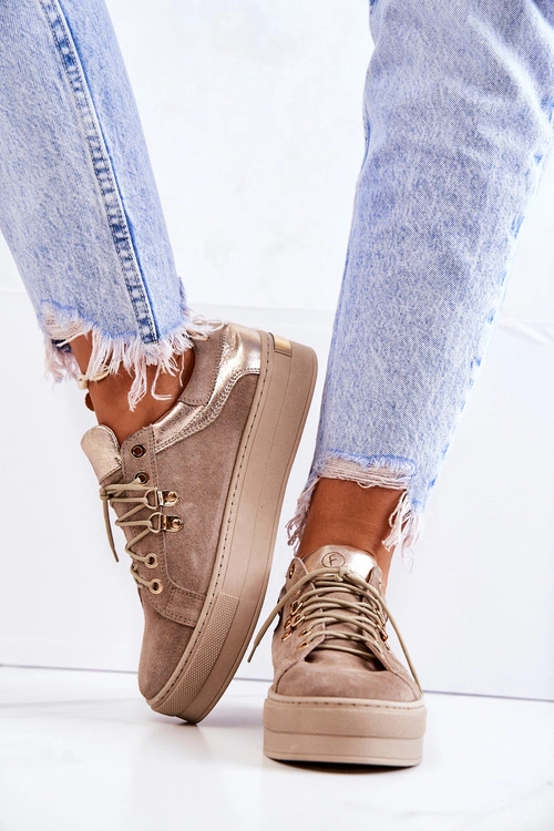 Zamszowe Buty Sportowe Na Platformie Beżowe Mary Ann