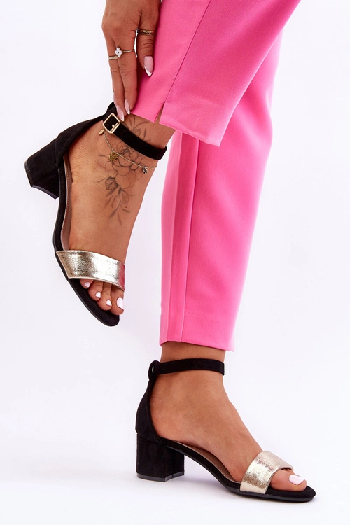 Wygodne Sandały Na Niskim Obcasie Czarno-Złote Layna