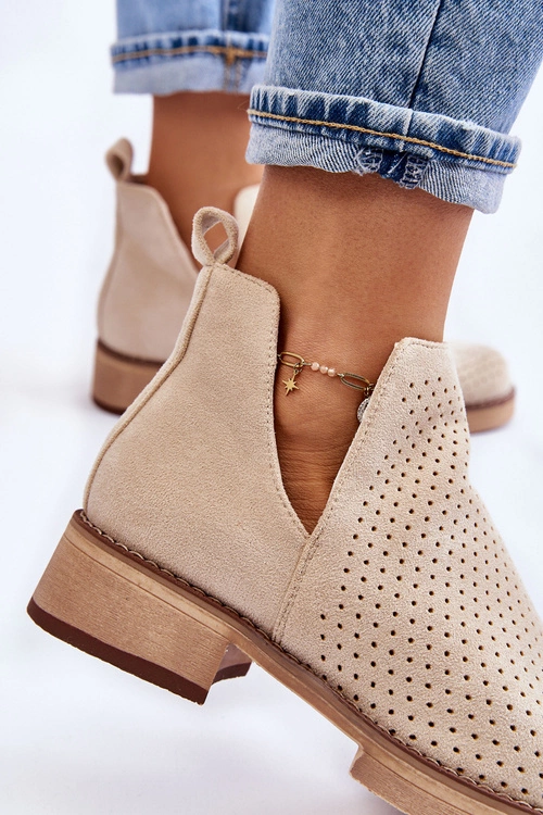 Zamszowe Ażurowe Botki Na Płaskim Obcasie Beżowe Angie