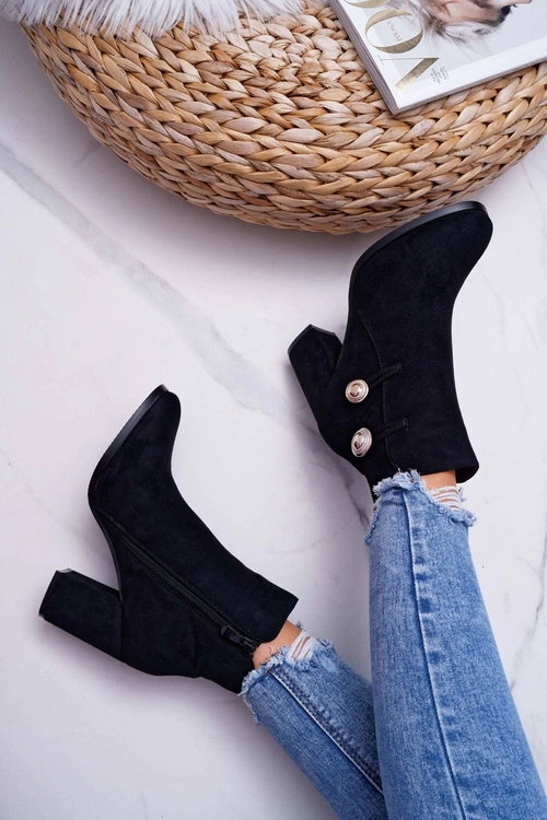 Botki Damskie Zamszowe na Słupku Czarne Barski 73-2