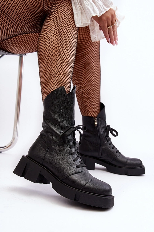 Damskie Skórzane Botki Workery Na Masywnym Płaskim Obcasie Zazoo 976A Czarne