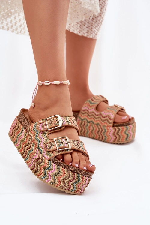 Klapki Damskie Na Masywnej Platformie Z Plecionką I Klamrami Multikolor Eradriana