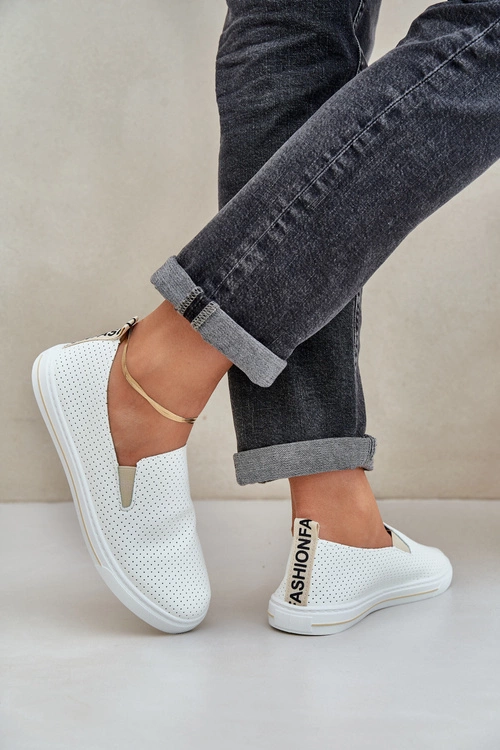 Wsuwane Eko Skórzane Damskie Tenisówki Trampki Z Napisem Jasnobeżowe Zalinne