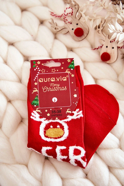 Damskie Skarpety Ze Świątecznym Wzorem W Renifera Czerwone