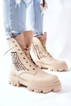 Damskie Skórzane Ażurowe Botki Trapery Beżowe Small Hootie