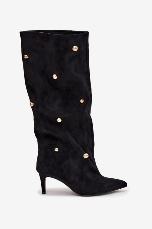 Wsuwane Kozaki Damskie Na Szpilce Ze Złotymi Ozdobami Czarne Thaliane